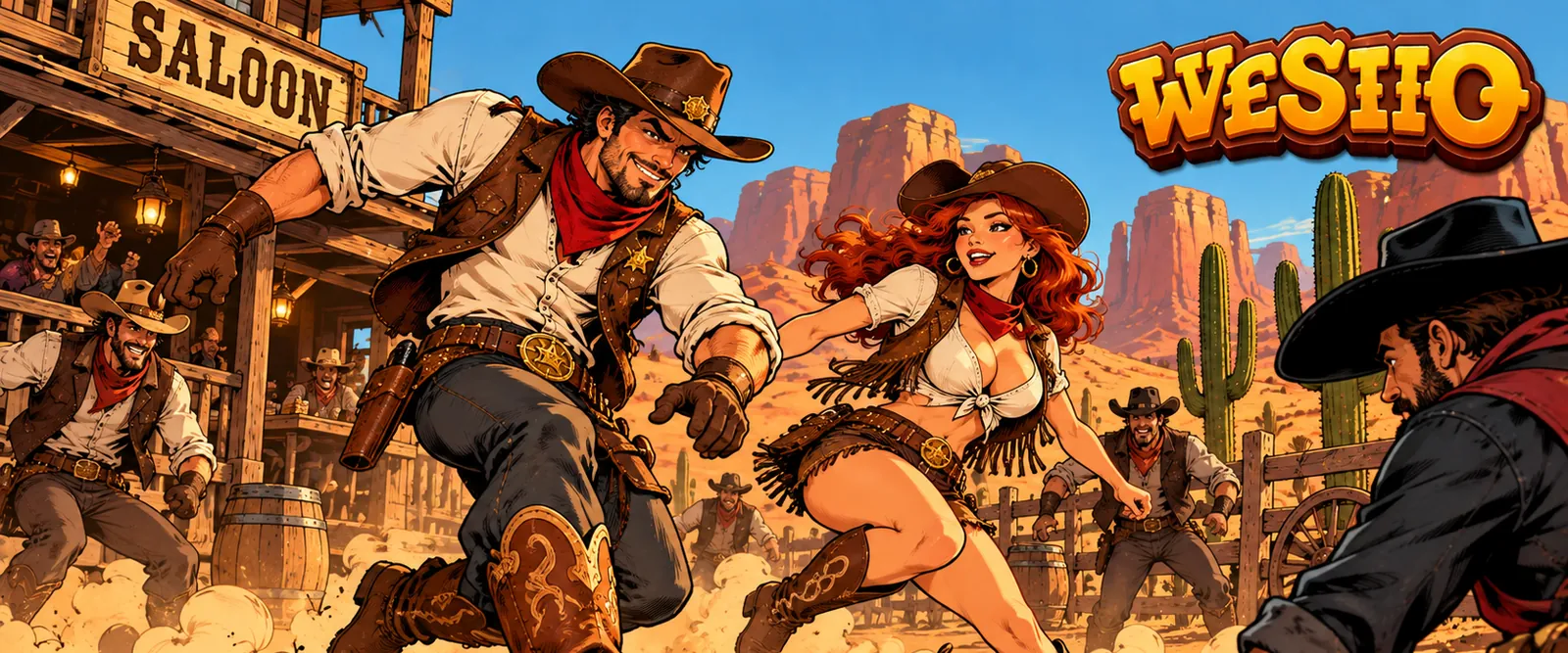 Cowboys playing football in a dusty frontier town
